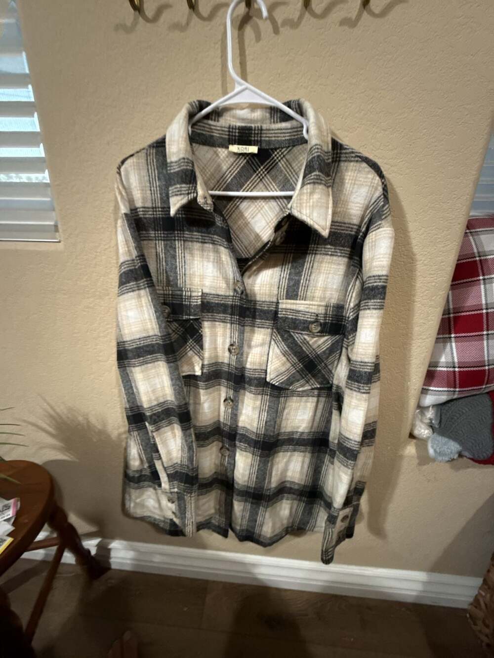 Kori America Plaid Shacket Black Beige Long Sleeve Button Up
